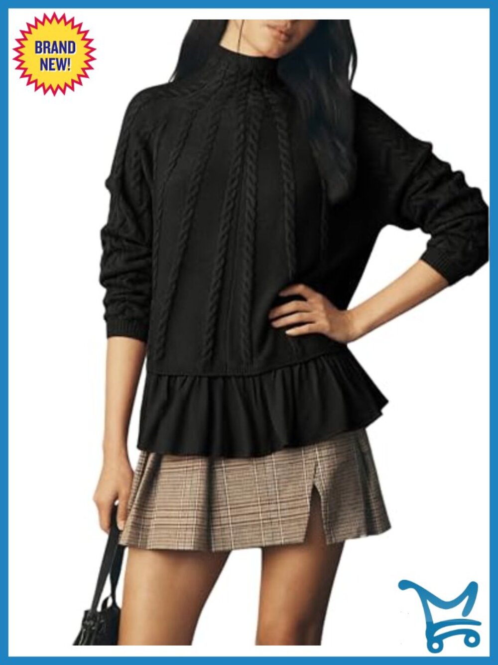 Oversized Cable Knit Turtleneck Sweater with Ruffle Hem
